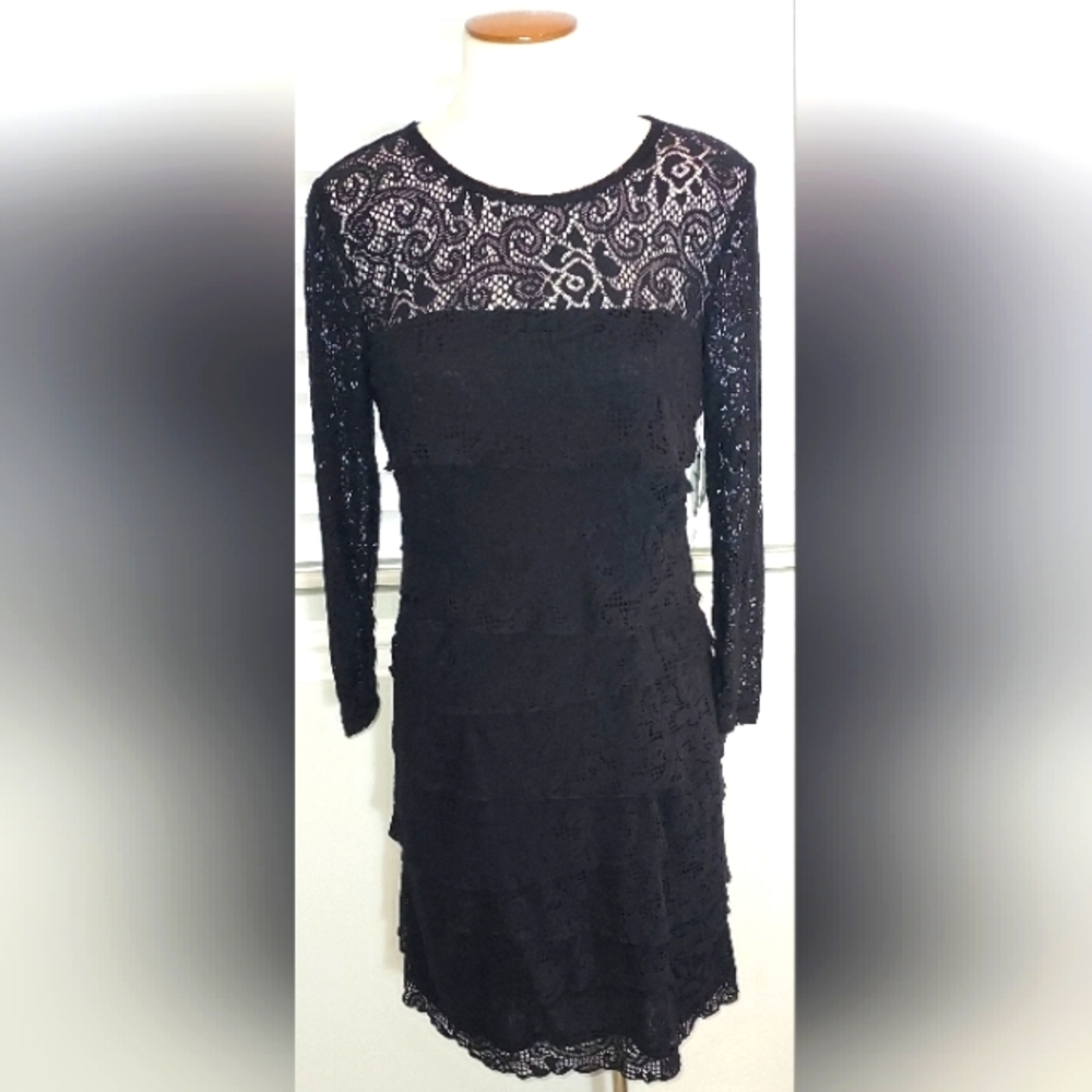 Laundry by Shelli Segal Black Layered Lace 3/4 Sleeve Dress NWT